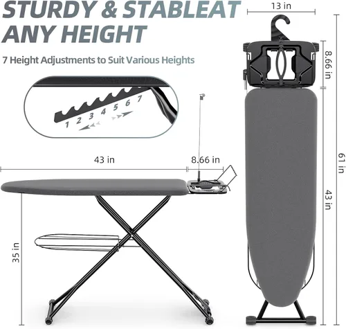Vista 2 de KINGBOARD Tabla de planchar, tabla de planchar compacta de tamaño completo con cubierta extragruesa, soporte de 7 alturas ajustables con colgador