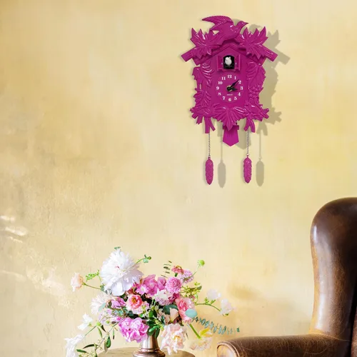 Vista 2 de WALPLUS Reloj de pared clásico de cuco rosa con diseño de pájaro colgante para decoración del hogar, reloj de Navidad, regalos