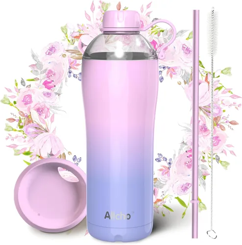 Vista 24 de Bow - Botella de agua aislada para mujeres, botellas de agua de acero inoxidable de 18 oz, de doble pared, 2 tapas (para beber y vaso) - Hidrata