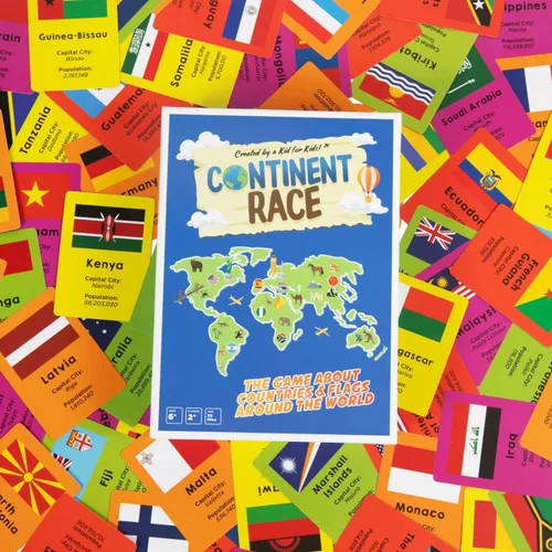 Vista 4 de Continent Race Geography - Juego de mesa educativo para niños, preadolescentes, familia, amigos, profesores y aulas - Aprende sobre banderas