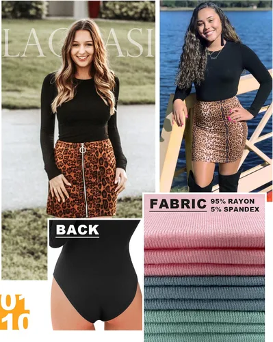 Vista 3 de LAOLASI Body de manga larga con cuello redondo para mujer, ajustado, básico, extensor