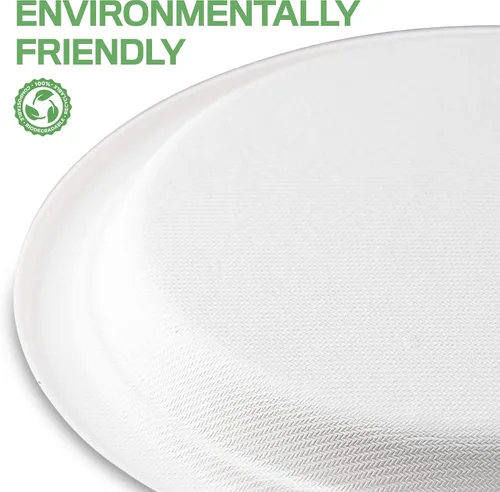 Vista 6 de Plato llano redondo desechable de bagazo blanco de 9 pulgadas, 100% fibras de caña de azúcar naturales compostables, resistente, a prueba de fugas