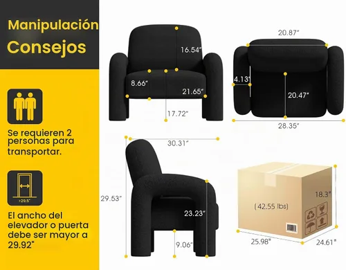 Vista 2 de Dewhut Silla moderna con acento Sherpa, sofá individual tapizado de estilo teddy, silla de lectura acogedora y esponjosa para sala de estar Negro