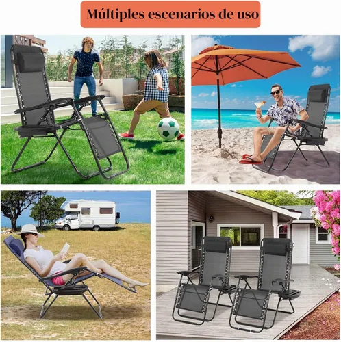 Vista 7 de Silla de gravedad cero plegable, silla de césped, silla reclinable ajustable para acampar con bandejas para almohada y soporte para tazas, silla