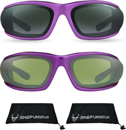 Vista 13 de Bikershades Gafas de montar en motocicleta con montura morada, pequeñas para mujeres y niñas 2 pares transparentes