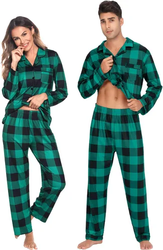 Vista 3 de Sexqero Conjunto de pijama familiar de Navidad a juego para parejas, ropa de dormir con botones y manga larga, a cuadros, conjunto de descanso S-XXL