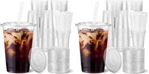 Vista 10 de VITEVER 100 Juegos - Vasos de plástico transparente de 12 oz con tapas y pajitas, vasos desechables para café helado, batidos, malteadas, bebidas