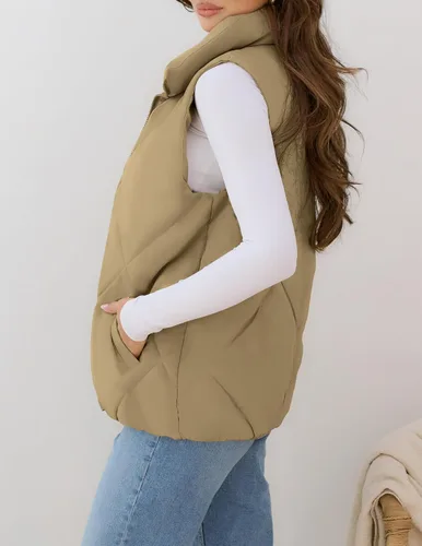 Vista 3 de MEROKEETY Chaleco acolchado sin mangas con cremallera para mujer, con cuello alto, con bolsillos