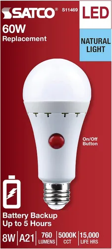 Vista 4 de Satco S11469 Bombilla LED A21 de 8 vatios con batería de respaldo, reemplazo de 60 vatios, 5000 K