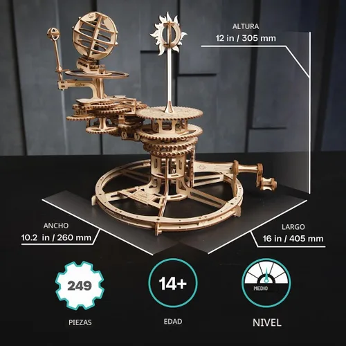 Vista 2 de UGEARS Rompecabezas mecánico Tellurion 3D - Rompecabezas de madera 3D para adultos, kit de maqueta del sistema solar, kits de modelo de madera