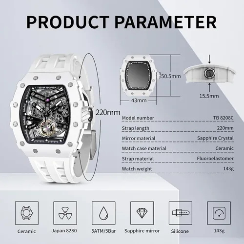 Vista 7 de Tsar Bomba Men's Automatic Watch Tonneau Luxury Skeleton Watch for Men Mechanical 50M Waterproof Wristwatch Gift for Men 08tc-whi