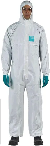 Vista 4 de Trajes de materiales peligrosos con capucha, desechables, resistentes a los productos químicos, elásticos, Ansell Alphatec 682000 unisex
