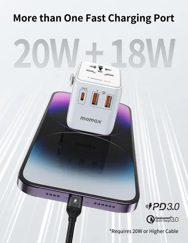 Vista 2 de MOMAX Adaptador de viaje universal, adaptador de enchufe internacional de 20 W+18 W con 2 USB-A de carga rápida y 1 USB C PD de carga rápida, 1 CA