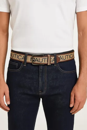 Vista 2 de Nautica Men's Signature Leather and Canvas Belt Ribbon Detail Flag Design Classic Casual Metal Buckle