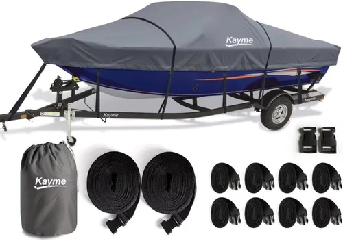 Vista 17 de Kayme Cubierta de lancha resistente 1200D para barcos de 14 a 16 pies, impermeable, resistente al desgarro con correas reforzadas al viento, ideal