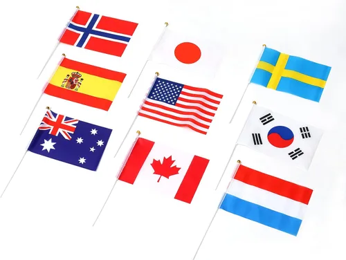Vista 2 de Bandera de 200 países, banderas deportivas de palillo de país, parte superior redonda de mano pequeña en palo, bandera de países del mundo en cada