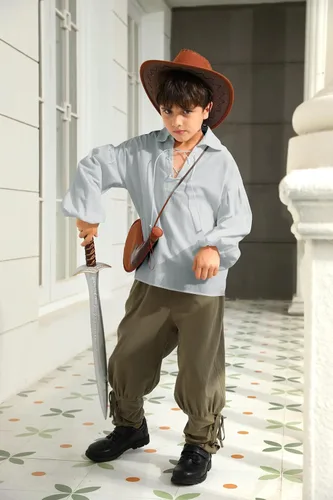 Vista 4 de Camisa medieval de pirata para niños vikinga, renacentista, con cordones, mercenario, Halloween, jacobita escocés, Ghillie, tops