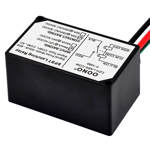 Vista 5 de Módulo de relé de bloqueo AC/DC 12V SPST 20Amp 250Vac/30Vdc, carcasa de plástico con cable, OONO F-1060