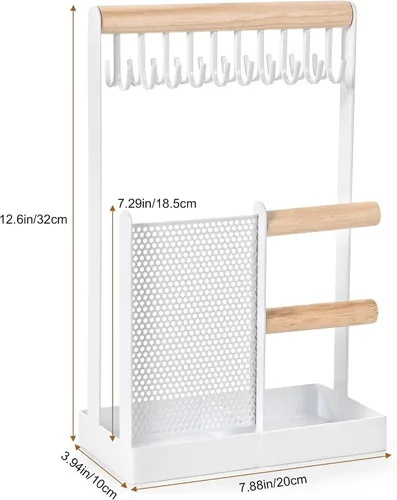 Vista 5 de Soporte organizador de joyas, soporte para collares, soporte para joyas 4 en 1 con organizador de aretes y bandeja de anillos extraíble, soporte