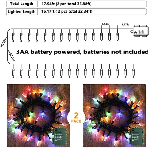 Vista 5 de BrizLabs Luces de Navidad multicolor, paquete de 2 tiras de 50 luces LED de Navidad de 17.94 pies, luz de árbol de Navidad con batería