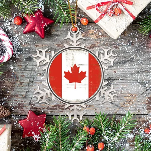 Vista 7 de Adorno de metal de copo de nieve de Canadá, recuerdo de Navidad, regalo de recuerdo patriótico, adorno colgante de Navidad, bandera nacional