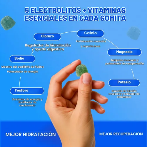 Vista 4 de Day One Electrogummies - 60 gomitas de electrolitos con sabor a frambuesa azul para hidratación y recuperación, repletas de electrolitos esenciales