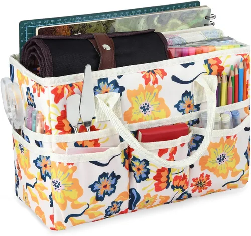 Vista 9 de Bolsa de mano organizadora de manualidades con múltiples bolsillos, gran caddy de almacenamiento de arte con asas para arte, manualidades, costura