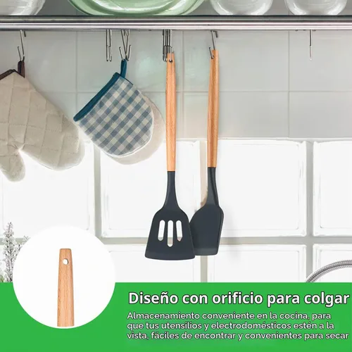 Vista 6 de Juego de 2 espátulas de silicona ranuradas, espátula de silicona con mango de madera, espátula de cocina resistente al calor antiadherente