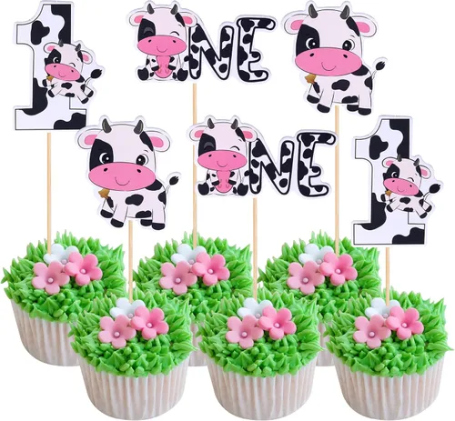 Vista 17 de Rsstarxi Paquete de 36 adornos para cupcakes con diseño de vaca, dos decoraciones para cupcakes de animales de granja con zoom de 2º cumpleaños