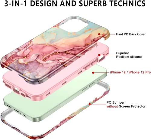 Vista 2 de Btscase para iPhone 12/iPhone 12 Pro, funda resistente de tres capas de mármol a prueba de golpes, cuerpo completo, PC duro + parachoques de TPU