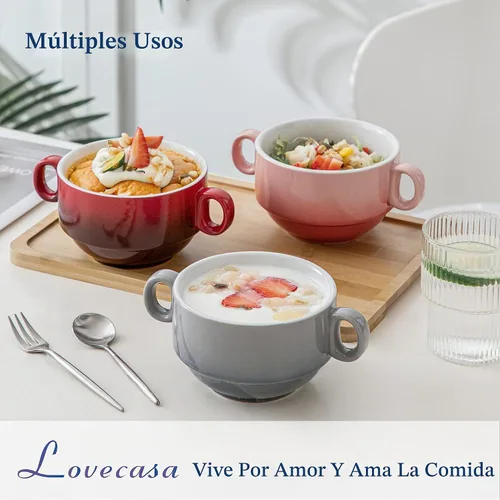 Vista 2 de LOVECASA Cuencos de Sopa Multicolor de 12 OZ con Asas, Cuencos Pequeños de Cerámica para Sopa de Cebolla Francesa, Mini Tazas de Sopa Cuencos