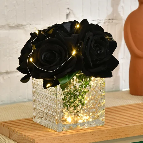 Vista 3 de Arreglo de centro de mesa de rosa artificial de seda en florero de vidrio con luz LED para decoración de bodas en el hogar (Negro)