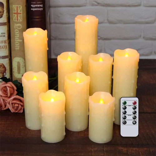 Vista 9 de Velas parpadeantes sin llama que funcionan con pilas (batería incluida) con temporizador de 6 horas, juego de 6 velas LED de cera goteante