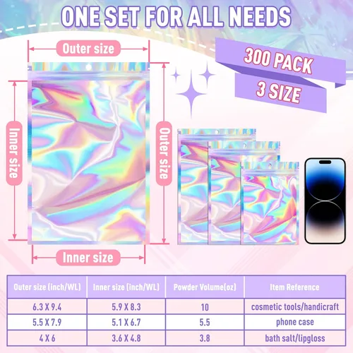 Vista 2 de ANZNKU 300 bolsas holográficas de Mylar resellables, bolsas resellables de 4x6 pulgadas para pequeñas empresas, bolsa de kit para resaca a prueba