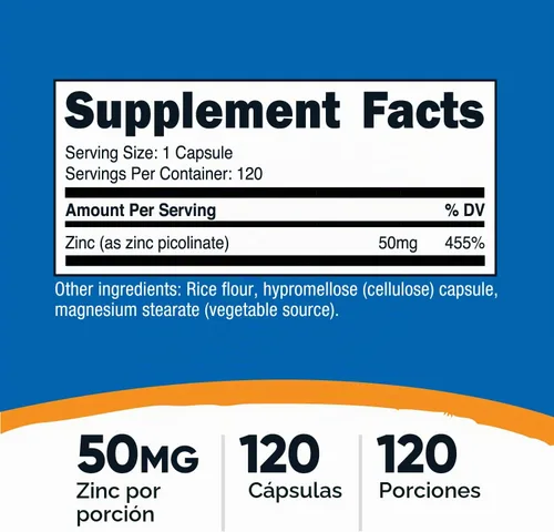 Vista 2 de Nutricost Picolinato de Zinc 50mg, 120 Cápsulas Vegetarianas, Sin Gluten Sin OGM