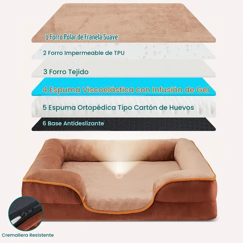 Vista 3 de DUMOS Cama ortopédica para perros de 35 x 25 pulgadas para uso en interiores, sofá cama XL Marrón