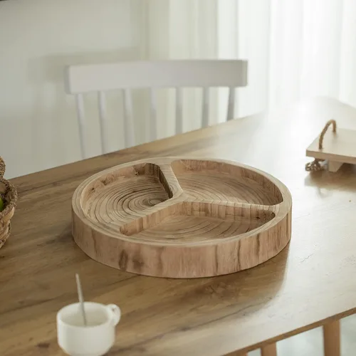 Vista 5 de Plato de madera con 3 seccionales, bandeja dividida para servir con acabado negro quemado, tabla de charcutería Lazy Susan para mesa de comedor