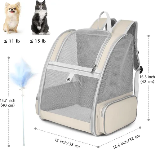 Vista 5 de Mochila transportadora para gatos, mochila grande para mascotas con varita de gatito, juguete de plumas para perros medianos y pequeños, gatos