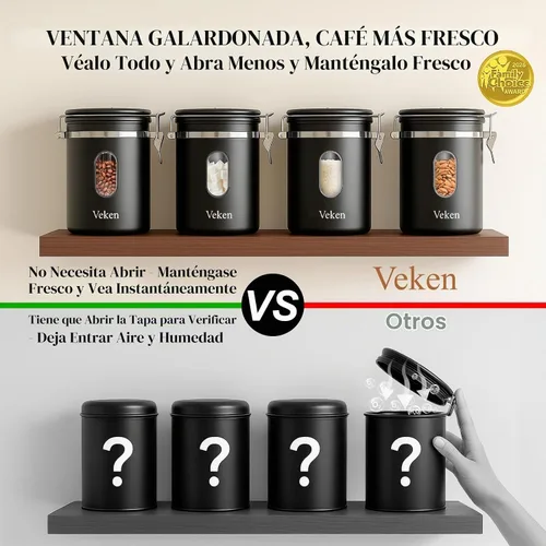 Vista 3 de Veken Recipiente de café con ventana, recipiente hermético de almacenamiento de alimentos de cocina de acero inoxidable con tapas, rastreador