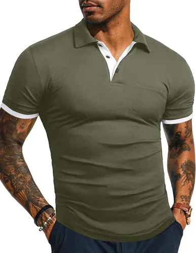 Vista 20 de KUYIGO Camisas de manga larga y corta estilo polo para hombre, estilo informal, ajustadas, diseño sólido, suave, con botones, de algodón, con A1