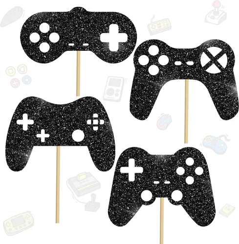 Vista 2 de Suministros para fiestas de videojuegos, centro de mesa, 14 unidades, decoración de mesa de fiesta negra con purpurina para juegos de niños