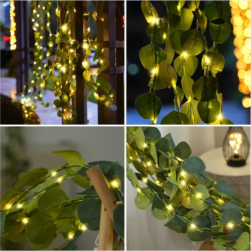 Vista 2 de Guirnalda de eucalipto iluminada con pilas de 7.5 x 3.6 pies con 120 luces LED artificiales de vegetación para bodas, fiestas, hogar, pared
