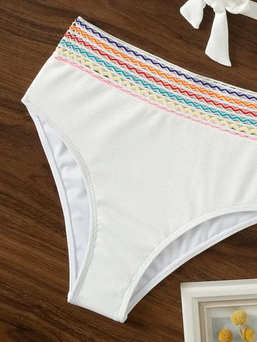 Vista 5 de WDIRARA Conjunto de traje de baño de bikini de cintura alta con rayas de arco iris cruzado en la parte delantera