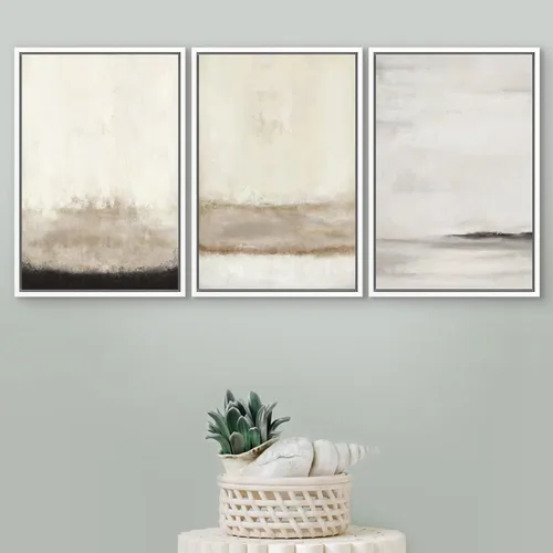 Vista 22 de SIGNFORD - Set de obras de arte en lienzo enmarcado para pared, ilustraciones abstractas de neblina del desierto en tonos neutros beige y marrón