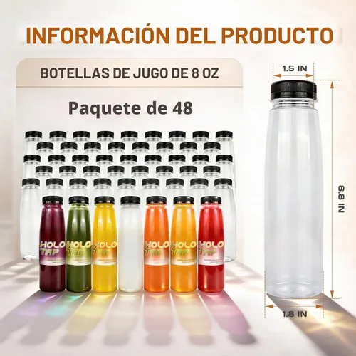 Vista 2 de 48 paquetes de botellas vacías de plástico PET para jugo de 8 oz, botellas transparentes desechables de plástico a granel para líquidos con tapas