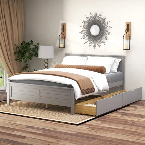 Vista 10 de GOFLAME - Base de cama tamaño individual con 2 cajones, base de plataforma con cabecera y estribo de madera maciza, listones de madera para soporte