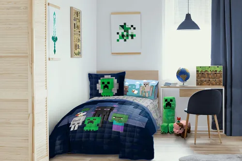 Vista 2 de Jay Franco Minecraft Bad Night - Juego de edredón y funda de almohada tamaño individual, ropa de cama súper suave para niños con Creeper & Enderman