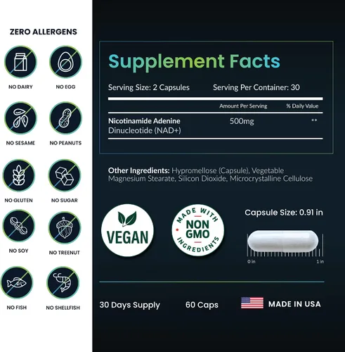 Vista 5 de Suplemento NAD+ - 500 mg de NAD Plus puro para energía, concentración, piel y apoyo antienvejecimiento - Suplementos NAD sin gluten sin OMG