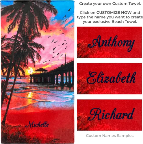 Vista 2 de Beachland Toalla de playa personalizada Sunset Palms de 30 x 60 pulgadas, 100% algodón (una toalla, muelle personalizado Sunrise)
