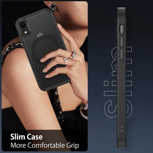 Vista 5 de DUEDUE Funda magnética para iPhone XR con soporte de anillo [compatible con Magsafe], funda protectora de cuerpo completo, delgada, a prueba de Negro